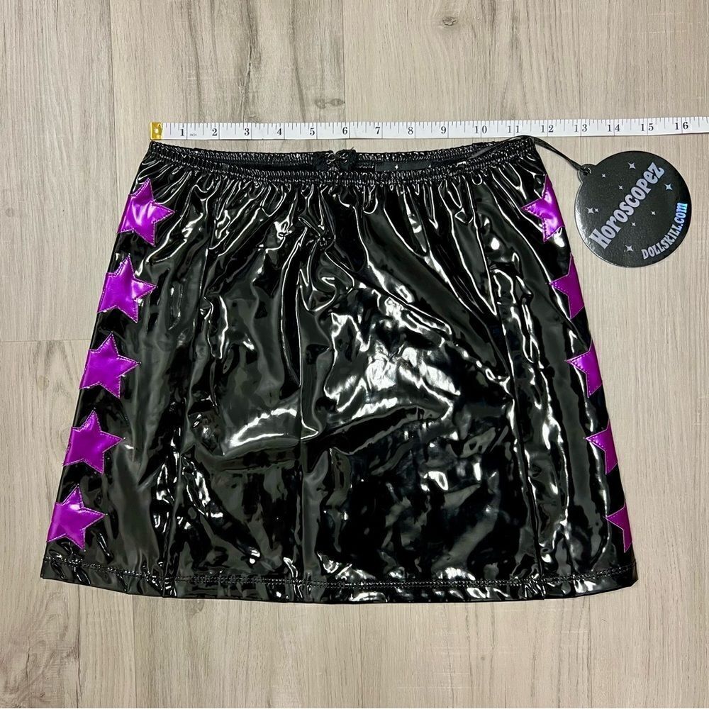 Horoscopez x Dolls Kill black patent miniskirt pink/purple metallic stars szM - Picture 6 of 15